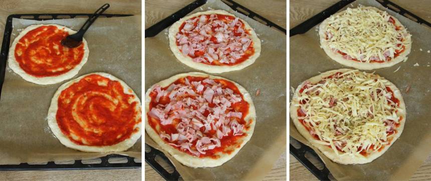 3. Bred ut tomatsås på bottnarna. Strö över skinka, ost och oregano (eller annan valfri fyllning). 