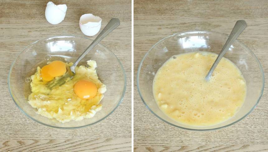 3. Knäck äggen och blanda ihop dem med bananen. Tillsätt eventuellt en nypa salt för att förhöja smaken, men det går bra även utan. Blanda ihop allt ordentligt. 