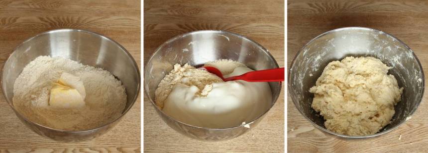 1. Sätt ugnen på 180 grader. Blanda vaniljsocker, bakpulver, strösocker och vetemjöl i en bunke. Tillsätt smöret och nyp ihop det med de torra ingredienserna. Tillsätt filmjölken och rör ihop allt till en kladdig deg. 