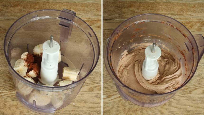 2. Kör bananskivorna och kakao i en hushållsassistent med knivar. (Låt bananen tina lite, lite grann så är den lättare att mixa). 