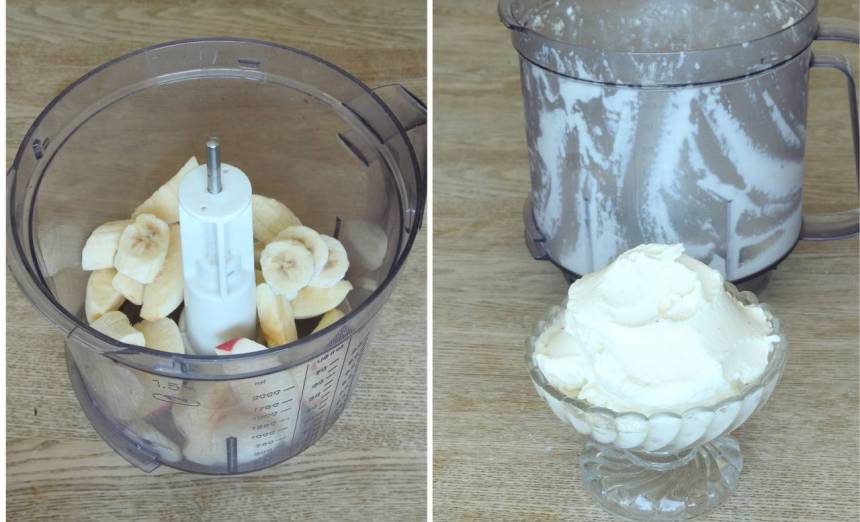 2. Mixa äpple, banan och mjölk i en köksmaskin med knivar. Häll på lite mjölk i taget och mixa till en krämig glass. 