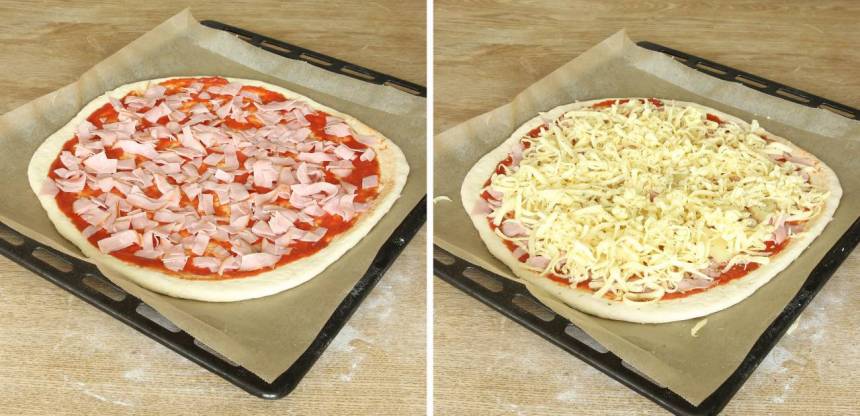 4. Strö över skinka, anansbitar, riven ost och oregano (eller valfri fyllning)Låt pizzan jäsa under bakduk i ca 20 min. Sätt ugnen på 250 grader varmluft. 