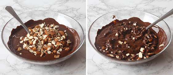 5. Blanda ner sötmandeln i den smälta chokladen. 