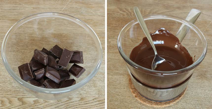 1. Sätt ugnen på 175 grader. Bryt chokladen i bitar i en skål och smält den över vattenbad. 
