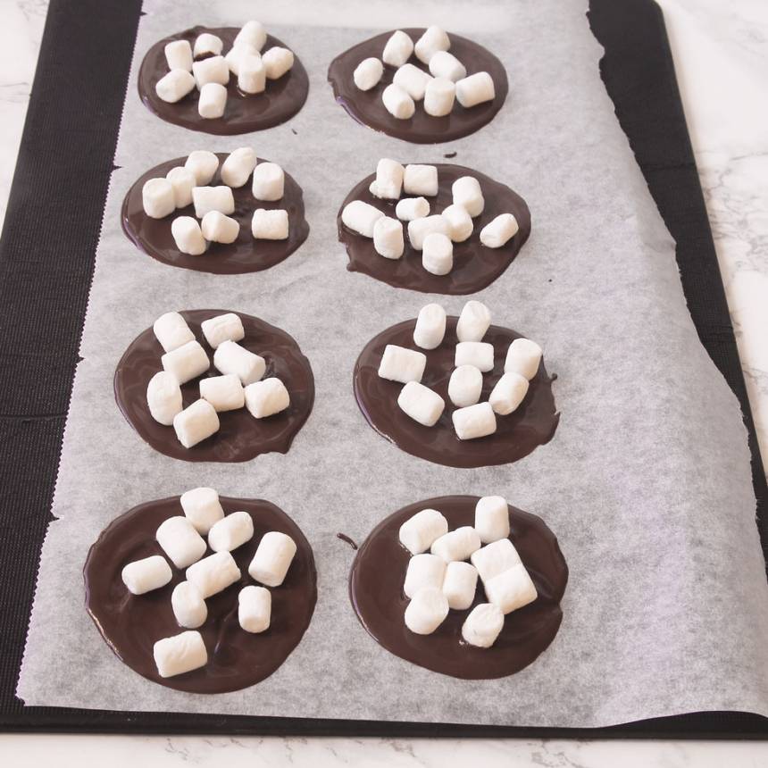 3. Lägg ut minimarshmallows på chokladen. Låt plattorna stelna i kylen. Förvara dem i kylen.