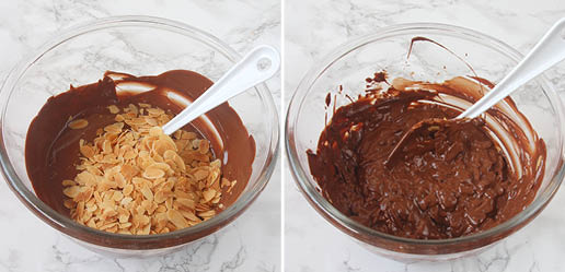 3. Blanda ner mandelspånen i chokladen. Rör om.