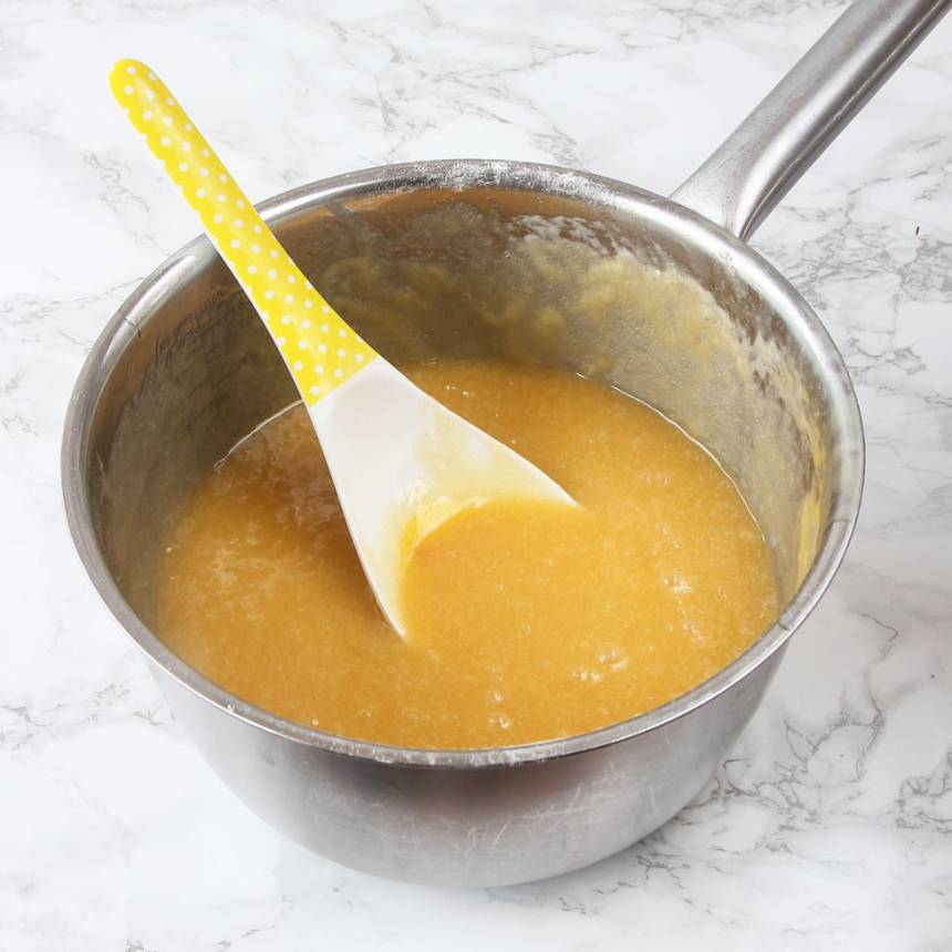 1. Sätt ugnen på 180 grader. Smält smöret i en kastrull. Tillsätt strösocker, vaniljsocker, salt, ägg och vetemjöl. Rör om allt till en smet. 