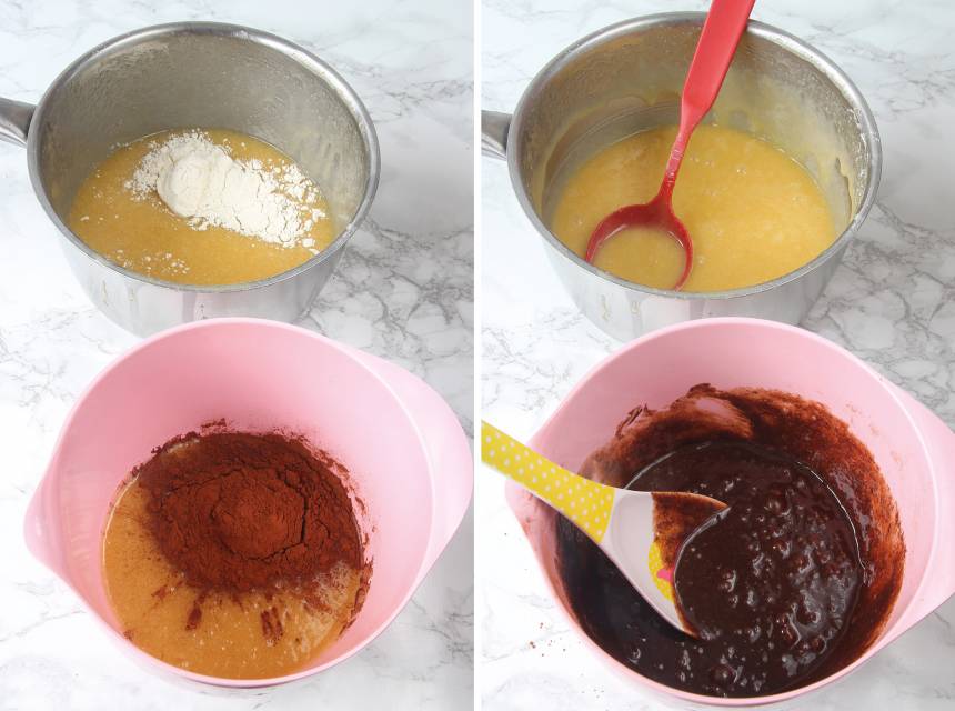 2. Häll över hälften av smeten i en skål. Rör ner 2 msk vetemjöl i den ena smeten. Blanda ner 2 msk kakao i den andra smeten. 